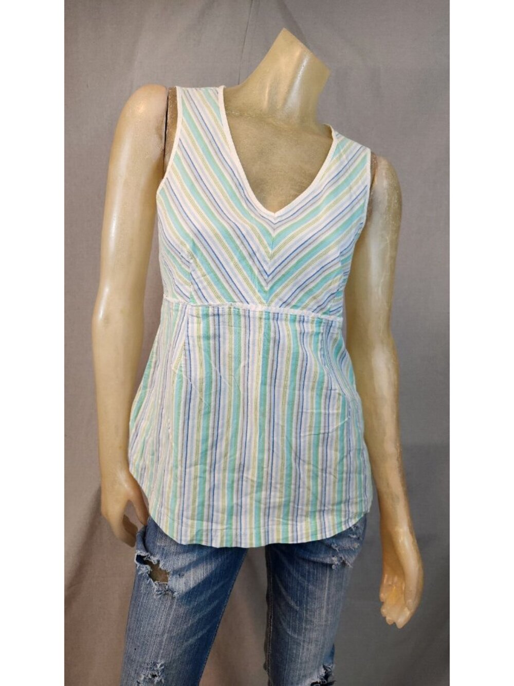 Motherhood Maternity Blue Green Stripe VNeck Blouse Top Shirt Womens MEDIUM USED